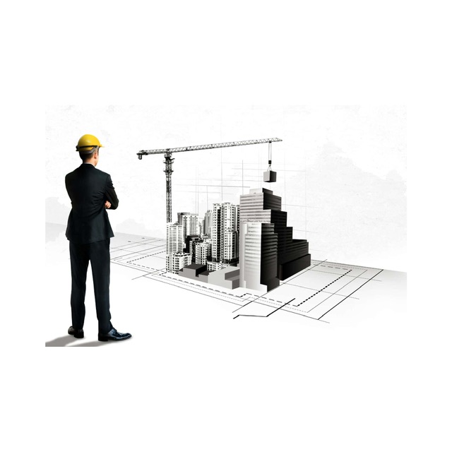 Architect in a yellow hard hat observing a 3D building model with a crane and blueprint nearby.