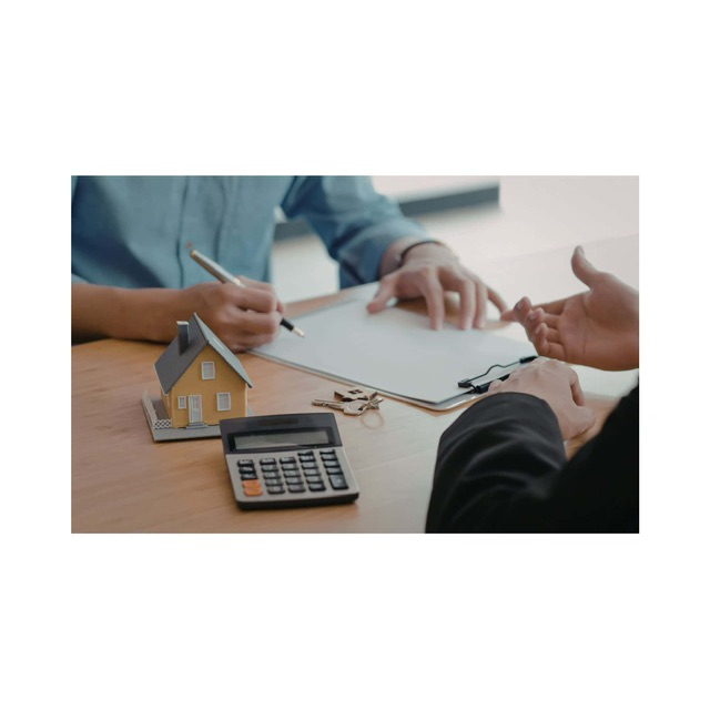 Property agent with open hands explaining documents to a buyer ready to sign, beside a 3D house model, calculator and keys